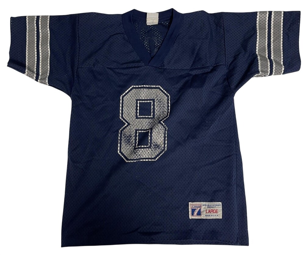 VTG Youth L Troy Aikman #8 Cowboys Jersey Logo 7 90s NFL Mesh USA Made Blue